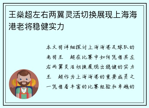 王燊超左右两翼灵活切换展现上海海港老将稳健实力